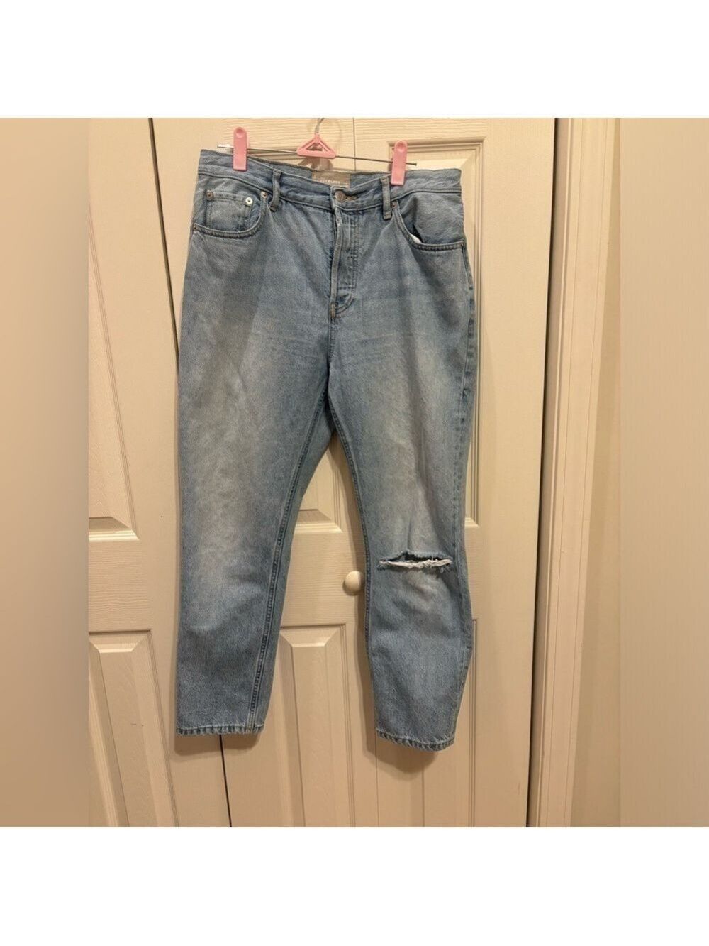 Everlane The 90’s Cheeky Jean 29 Crop. Light Wash Distressed Knee Button Fly